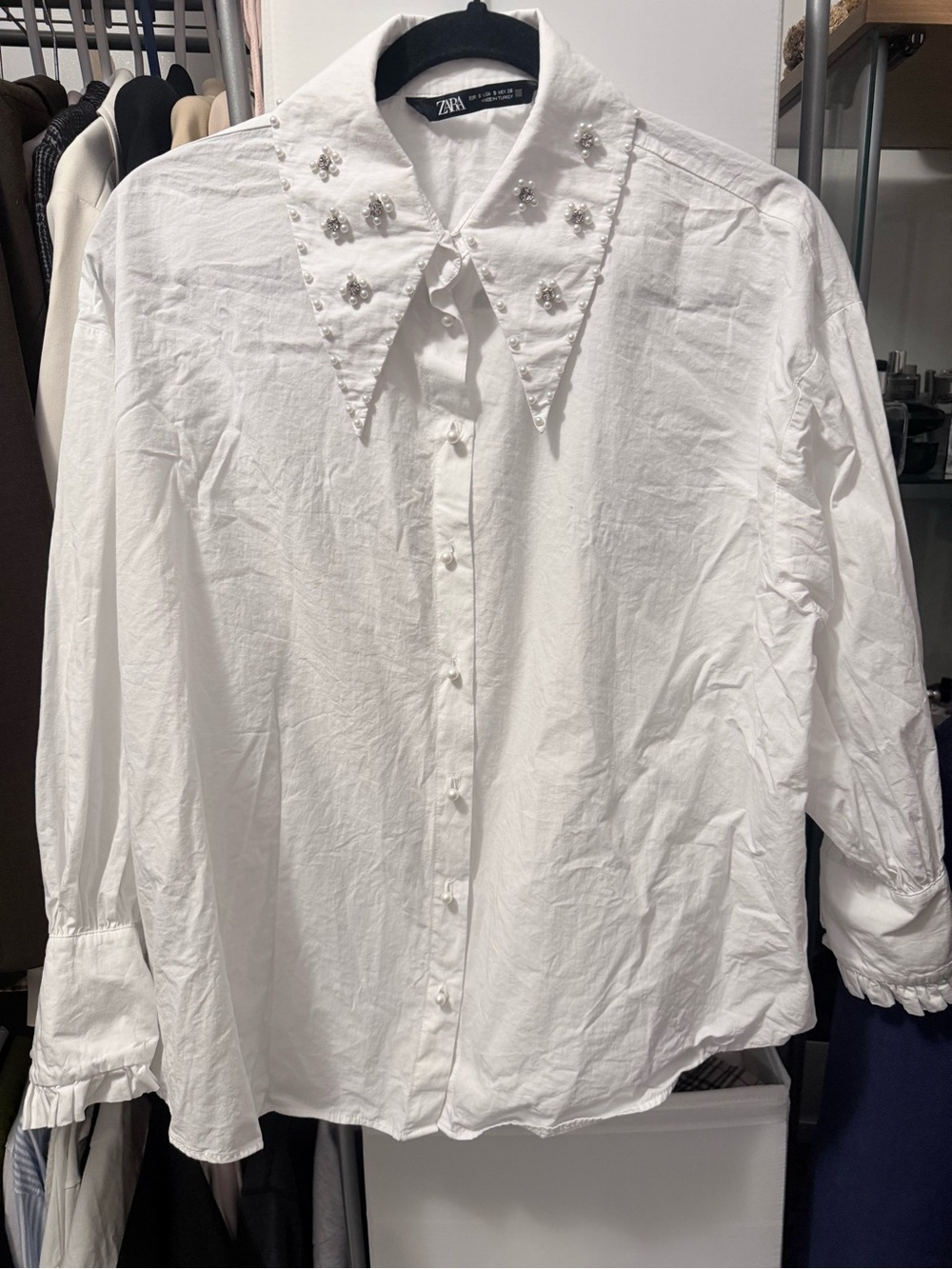 Zara White Beaded-Collar Cotton Button-Down Shirt